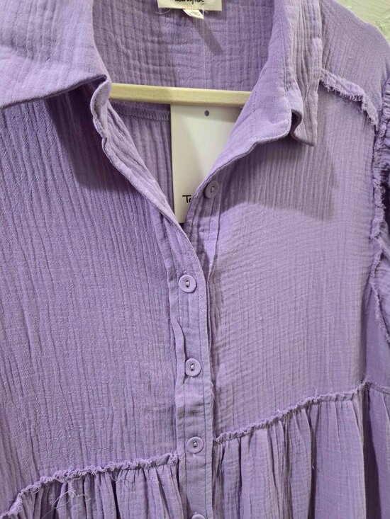 Purple Gauze Collared Tiered Dress With Frayed Seam - Picture 7 of 7